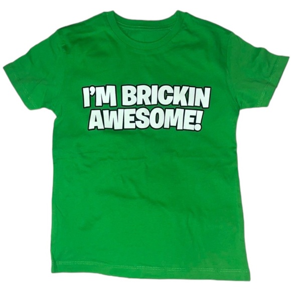 Stanley Stella logo I’m bricking Awsome! boys T-Shirt 5/6 Youth Green Short - Picture 1 of 10